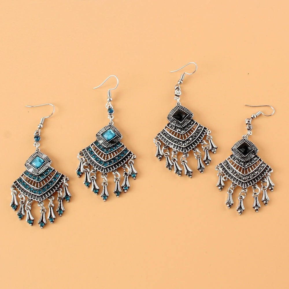 Silver and Black or Blue Rhinestone Chandelier Earrings